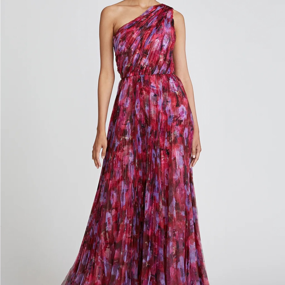 Red and Purple Pleated High-Low One Shoulder Gown